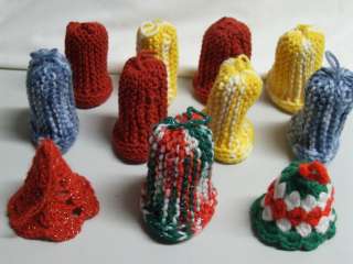   Knit Crocheted Xmas Ornaments Bells Lot Space Dyed Homemade  