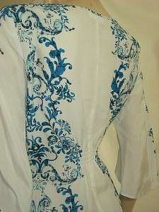 Wallis scoop neck tunic with blue print design on ivory background 