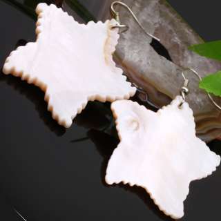 White Shell Carved Cute Sea Star Bead Dangle Earrings  
