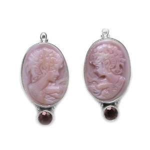   Pink Mother of Pearl Cameo and Faceted Garnet Post Earrings By Sajen