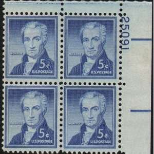   5c James Monroe U.S. Postage Stamp Plate Block (4) 