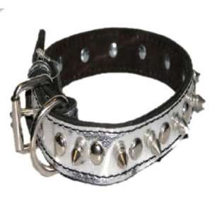 Spiked Silver Leather Collar (Fits neck size 14 18):  