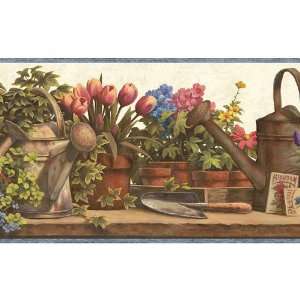  Country Blue Watering Cans Wallpaper Border Kitchen 