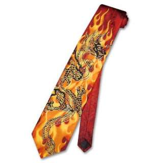 Chinese Dragon NeckTie Fire Red & Yellow Mens Neck Tie Clothing