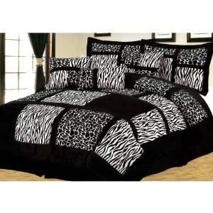 : 7Pcs Faux Silk Zebra/Giraffe Patchwork Flocking King Size Comforter 