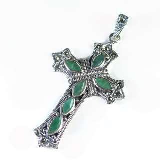 Sublime Gothic 925 Silver Cross Pendant with Emeralds  