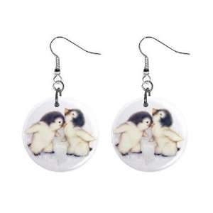  Cute Penguins Dangle Button Earrings Jewelry 1 inch Round 