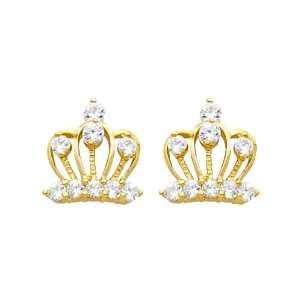  14K Yellow Gold Crown CZ Stud Earrings with Screw back for 