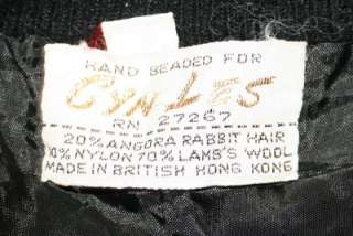 Vtg 60s CYN LES Black GLAM BEADED Cardigan Hook & Eye Sweater Large L 