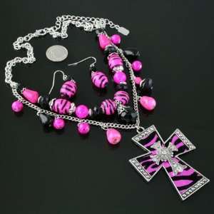  Rock Punk Pink Zebra Cross and Beads Dangle Necklace 