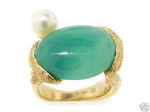 Vintage Jade, Saltwater Pearl & Solid 14K Gold Ring  