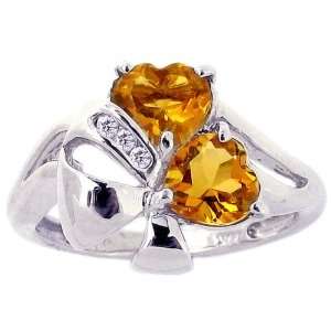 14K White Gold Loving Hearts Gemstone and Diamond Ring Citrine, size6 