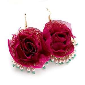  Rosy Rose Fabric Rose with Dangle Earrings Wine 