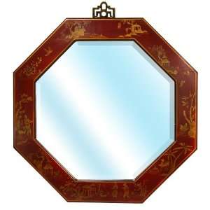  Octagonal Wall Mirror in Antique Red Lacquer