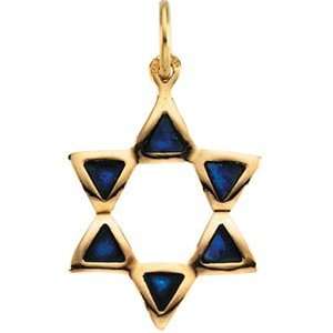  14K Yellow Gold 17.00X14.25 mm Star Of David With Blue 