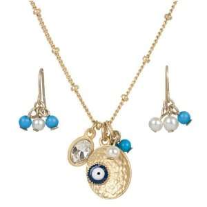 Fun Gold Tone Evil Eye Charm Necklace and Earring Set with Faux Pearls 