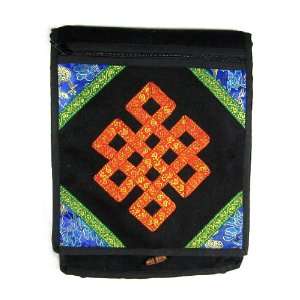 Tibetan Messenger Bag w/ Flap Cover ~ Endless Knot Symbol ~ Black 