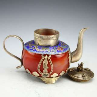 China Old Handwork Silver Jade Kwan Yin Monkey Teapot 112013  