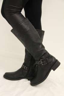 NIB Womens Faux Leather Riding Knee High Boots Low Heel Black  