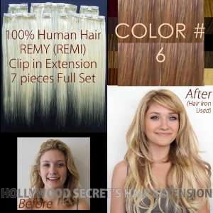 Hair Extension, 7pc Full Set, Color# 6   Light Brown, 100% Human Hair 