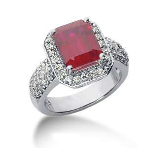  3.45 Ct Diamond Ruby Ring Engagement Emerald Cut Pave 