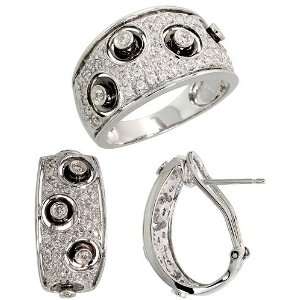 14k White Gold Fancy Dome Diamond Ring & French Clip Earrings Set, w 