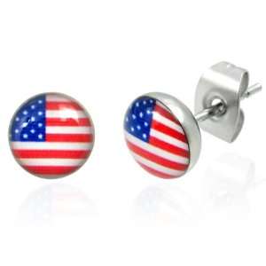  Mission 7mm Stainless Steel USA Flag Stud Earrings 