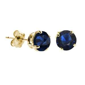  2 CT Blue Sapphire Stud Earrings 14K Yellow Gold (I1 I2 