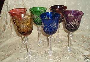 SET OF SIX COLORED OVERLAY TALL FRENCH WINE GLASSES  