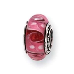    925 Silver Hand Blown Glass Pink White Dots Swirl Bead Jewelry