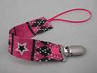 Fabric Pacifier Clip Pink and Black Plaid with Star Print   Universal 