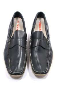 PRADA Mens DEEP NAVY LEATHER LOAFERS Nautical Feel Contrast Stitching 