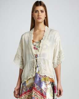 Lace Trim Tie Jacket & Mixed Print Silk Maxi Dress