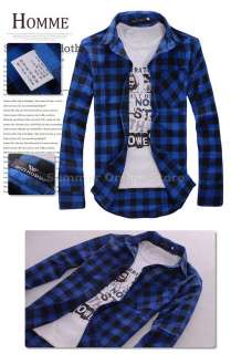 New Mens Slim Fit Casual & Dress Check Shirt Korean Style Blue Red 