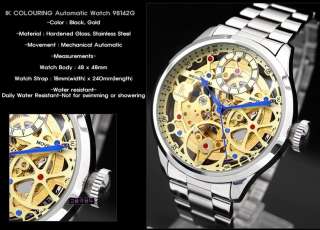 Mens Stainless Metal Band Mechanical Automatic Wrist watch Black Gold 