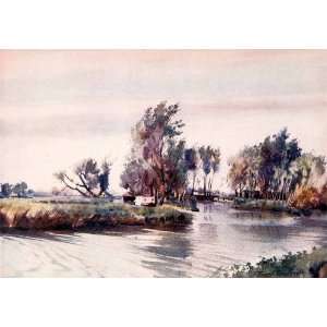   Marsh River Stream Wetlands Boat Art   Original Color Print Home