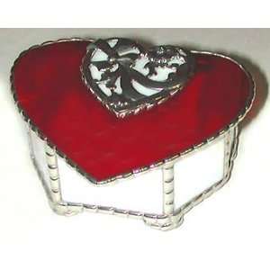 Red & White Heart Design Stained Glass Box   4 x 4  Home 