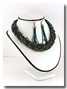 MULTI STRAND MULTI TEAL BROWN BRAIDED GLASS SEED BEAD NECKLACE EARRING