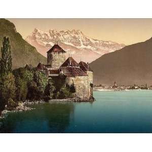  Vintage Travel Poster   Chillon Castle and Dent du Midi Geneva 