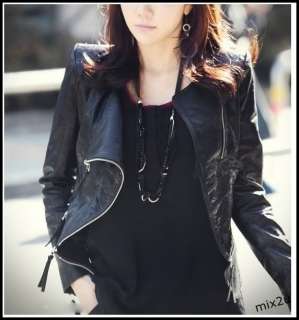 Women Black Cool Round Neck Diagonal Zip Casual PU Leather Jacket Coat 