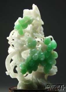 Fine Chinese Natural Jadeite Jade Carving, Grape Vine and Bird Design 