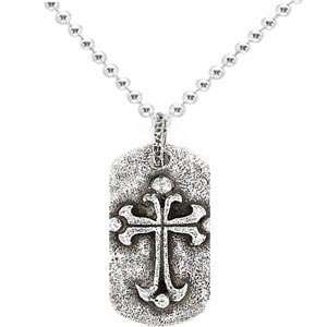Sterling Silver Hammered Finish Cross Design Dog Tag Pendant w/ Chain