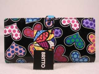 Romero Britto Black With Hearts Large Expandable Wallet #3312471 NWT 