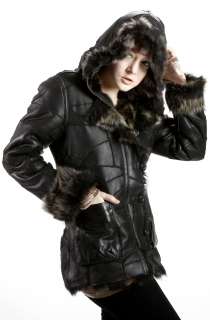 United Face Womens New Black Lamb Patch Hooded Fur Leather Jacket Coat 