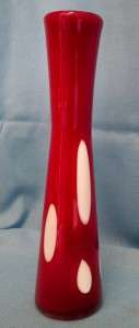 Red Blown Glass Vase With Large White Spots 11T 2 1/4D at Base 