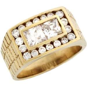   Gold Rectangle Mens Square and Round CZ Ring with Engraving Jewelry