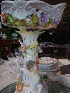WOW c1920 DRESDEN MARK Angel Cherub Flowers Centerpiece Bowl Compote 