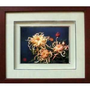  Framed Chinese Silk Embroidery Orange Chrysanthemum 