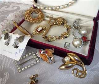   , Maroon Velvet Box of Old Jewels, Quartz, Brooches, Earrings, Etc