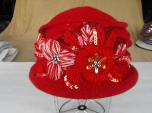   Red Knit Vintage Look Bucket Cloche Crusher Fedora Sequin Hat  
